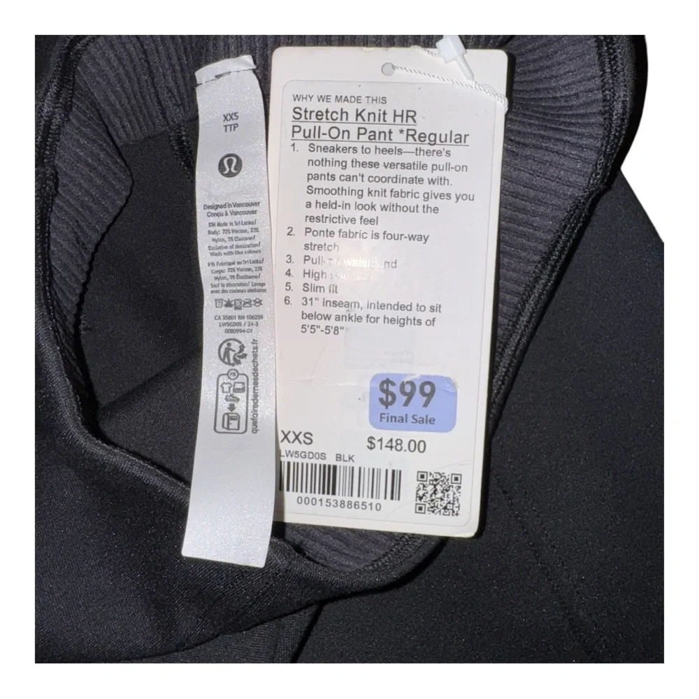 Lululemon Stretch Knit HR Pull-on Pant *Regular Black Size XXS (4) NWT